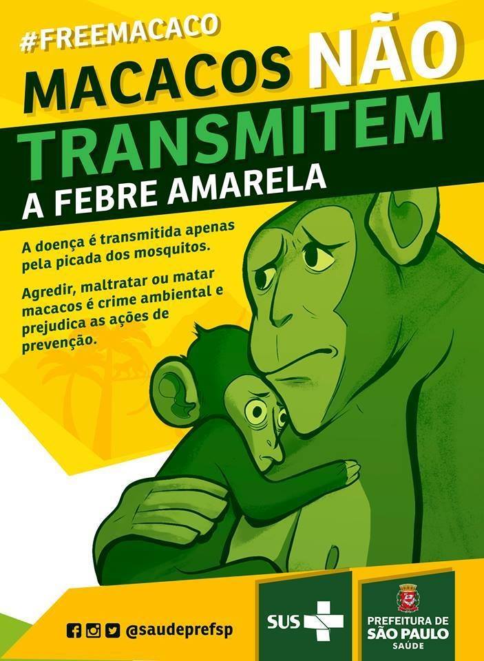 Folder do SUS e prefeitura de São Paulo avisando que macacos não transmitem a febre amarela